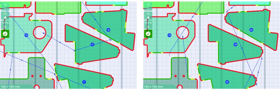 左：使用“ tiltprevention”模拟优化切割序列。betway体育注册西汉姆右：在关键区域（红色）和激betway体育注册西汉姆光危险的路径中，激光切割无“倾斜度”。